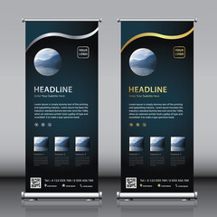 Gold and silver color simple attractive vertical street roll up banner design template vector with image title and description. dark blue black editable colors and photo