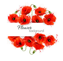 Flower Greeting Card With Red Watercolor Poppies. Vector.