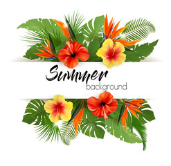 Poster - Summer Holiday Background With Tropical Plants And Exotic Flowers. Vector