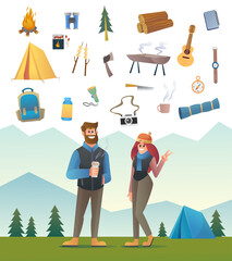 Wall Mural - couple camper tourist character with camp equipment illustration