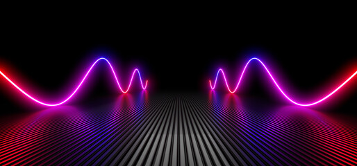 Wall Mural - Sci Fy neon lamps in a dark hall. Reflections on the floor and walls. 3d rendering image.