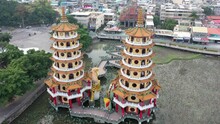 Sliding With A Bit Of Circular Motion View Of Spectacular Dragon And Tiger Pagodas Temple With Seven Story Tiered Tower Located At Lotus Lake At Kaohsiung City Taiwan.