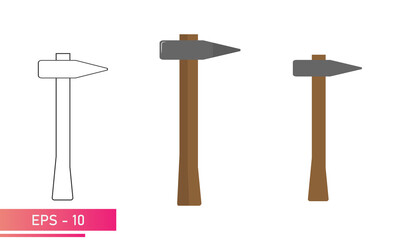 Wall Mural - A set of hammers, with a pointed part on one side and a wooden handle. Realistic and linear design. On a white background. Tools for the blacksmith. Flat vector illustration.