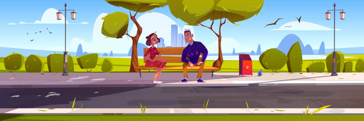 Wall Mural - Happy couple on date in city park. Public garden with man and woman sitting on wooden bench, lanterns, green trees and grass. Vector cartoon landscape of summer park with people