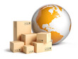 © Oleksandr Delyk - Cardboard parcels and Earth planet, Worldwide delivery concept. 3D