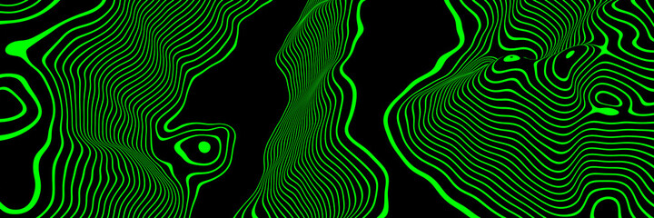 3D rendering. Abstract black and green mountain contour lines. Topographic terrain.