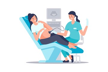 Wall Mural - Sonographer scanning and examining pregnant woman in hospital medical office. Examination during pregnancy. Concept of medicine ultrasound scan. Happy future mother at medical checkup.