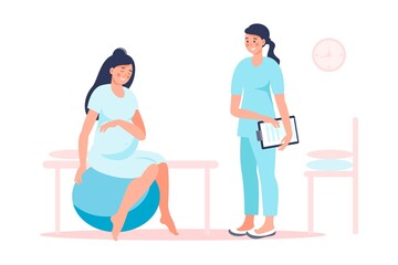 Wall Mural - Pregnant woman preparing for childbirth at hospital with doctor. Birth positions for pregnant woman during birth pains, help methods for painless childbirth labor, on fitness ball, at chair.