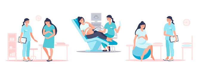 Wall Mural - Set of pregnant woman visiting doctor for examination, sonographer scanning, preparing for childbirth. Happy future mother at medical checkup. Pregnancy and maternity concept. Vector flat illustration