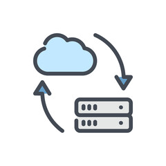 Wall Mural - Data transfer from cloud network to server color line icon. Cloud storage synchronization with data storage vector outline colorful sign.