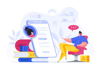 Wall Mural - colorful vector illustration of cartoon guy in headphones speaking with online tutor while using edu