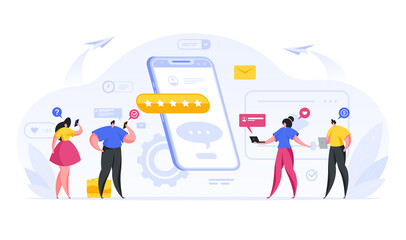 Wall Mural - colorful vector illustration of flat people communicating with each other in social media online whi