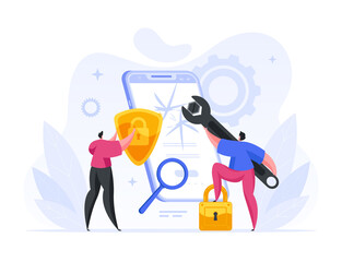 Wall Mural - colorful vector illustration of male programmers with spanner and magnifying glass adjusting securit