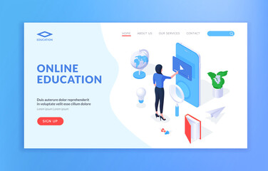 Wall Mural - online education landing page banner template. isometric vector illustration with female student usi