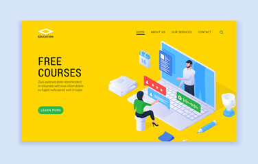 Wall Mural - free courses website banner template. vector illustration of modern website design with isometric pe