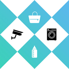 Sticker - Set Security camera, Baby bottle, Handbag and Washer icon. Vector