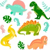 Fototapeta Dinusie - Set of cute dinosaurs in cartoon style. Bright childish drawing with animals. Vector illustration isolated on white background.