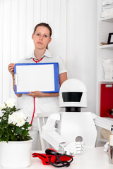 Wall Mural - ai robot as professional doctor in his office, sitting behind the desktop