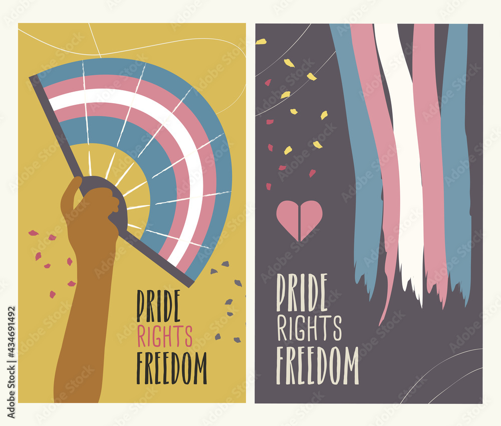 LGBT pride day posters with the transgender flag, a dark skinned hand ...