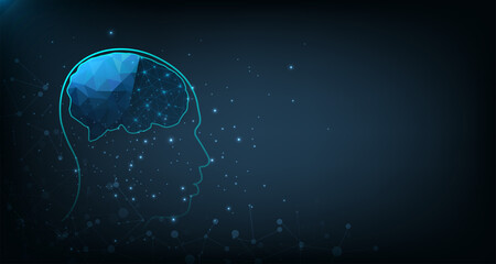Poster - Graphic of a digital brain and Human head outline made from lines and triangles, connecting on dark blue background. Deep Learning Modern Technologies. Concept of artificial intelligence(AI).  