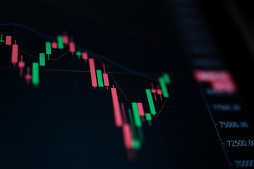 Close up Green and red Candle graph on digital screen. Concept for financial and stock graph.