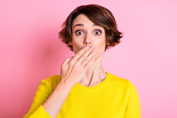 Sticker - Portrait of attractive funny girlish brown-haired girl closing mouth oops isolated over pink pastel color background