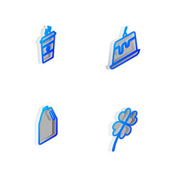 Sticker - Set Isometric line Pudding custard, Coffee cup, Household chemicals bottle and Four leaf clover icon. Vector