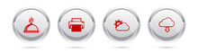 Set Line Covered With Tray Of Food, Printer, Sun And Cloud Weather And Cloud Download. Silver Circle Button. Vector
