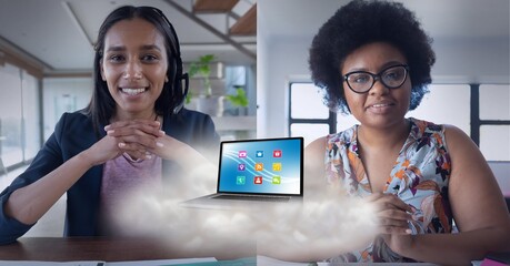 Poster - Composition of laptop with digital icons over two women on video call