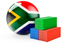 Cargo Containers With South African Flag. Freight Shipping In South Africa, 3D Rendering