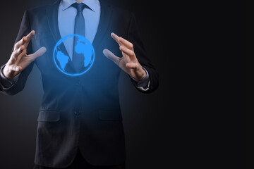 Businessman man hand holding Earth icon , digital globe