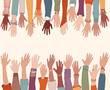 © melita - Group of raised arms and hands starting from below and meeting a group of raised hands starting from above.Diversity people. Charity donation and volunteer work.Diverse people. Copy space
