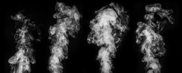 Wall Mural - A perfect set of four different types of white smoke on a black background. Curly smoke on a dark background. Abstract background, design element for collage