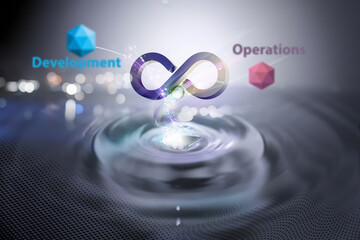 DevOps and microservice Concept, abstract  3D DevOps symbol evolving from the light of a water drop with development and Operations text and hexagon as microservices background, 3D illustration