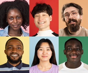  Portraits of group of people on multicolored background, collage.