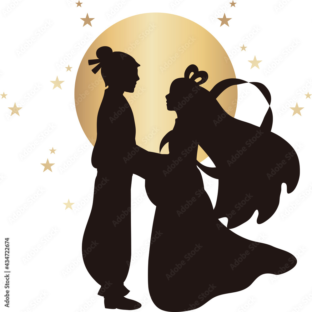 ◆オーダー用◆ダイカット 七夕 彦星と織姫シルエット 流れ星 Vector de Stock 七夕 夏 祭り 織姫 彦星 牽牛 星 シルエット 切絵