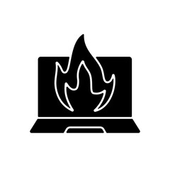 Wall Mural - Computer burning black glyph icon. Hardware crash, overheating issue. Burning laptop. Electronics destruction. Broken technology. Silhouette symbol on white space. Vector isolated illustration