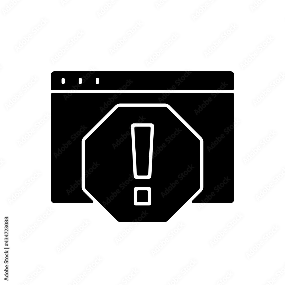 Computer error black glyph icon. System failure, message window for PC ...