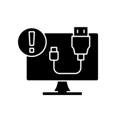 Sticker - USB does not work black glyph icon. Cable connection issue. Desktop computer problem. Software error symptom. Plug in failure. Silhouette symbol on white space. Vector isolated illustration