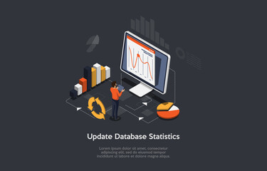 vector 3d illustration. cartoon isometric design with infographics. update database statistics conce