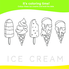 Coloring ice cream worksheet page. This worksheet is helping kids improve fine motor skills and train the brain to focus. Educational printable coloring worksheet. Additional worksheet for kids. Vecto