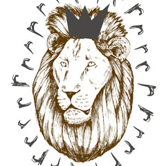 Hand drawn Lion portrait with crown and letter r around it head, isolated on white, vector illustration