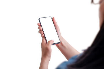 Poster - Girl use smart phone concept. Isolated screen and background for mockup. Over the shoulder shoot