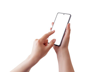 Leinwandbilder - Phone in woman hands isolated. Finger touch display. App use concept. Phone mockup close-up