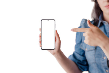Aufkleber - Woman holds and show a smart phone with a pointed finger. Isolated screen and background for app user interface design promotion