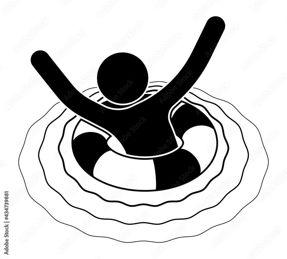 drowning stick man, figure on life buoy asks for help. Crisis, difficult life situation. Need for support and help. Vector