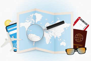 Travel destination Grenada, tourism mockup with travel equipment and world map with magnifying glass on a Grenada.