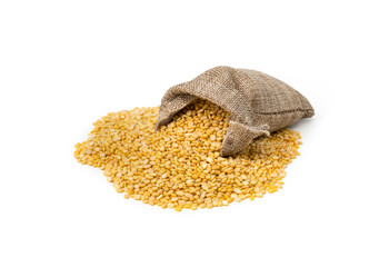 Wall Mural - Peeled mung bean in sack on white background