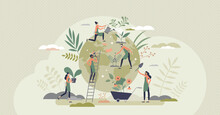 Ecology Agriculture And Green Sustainable Harvesting Tiny Person Concept. Environmental Gardening And Food Farming Around Globe With Responsible Care Vector Illustration. Nature Care Process Scene.