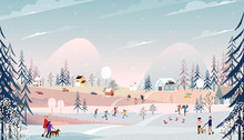 Winter Wonderland Landscape At Night With People Having Fun Outdoor Activity On New Year,Vector Background Banner For Christmas And New Year 2022 Holidays, CuteVillage People Celebrating In The Park